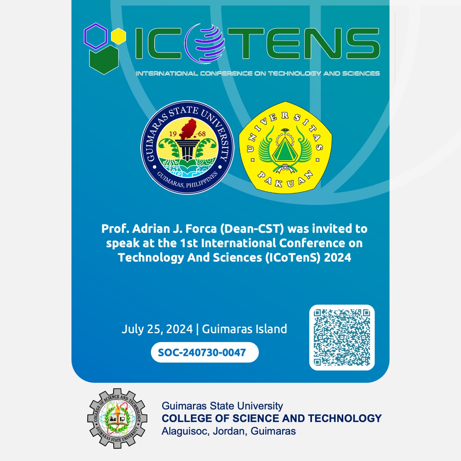 Prof. Adrian J. Forca (Dean-CST) was invited to speak at the 1st International Conference on Technology And Sciences (ICoTenS) 2024