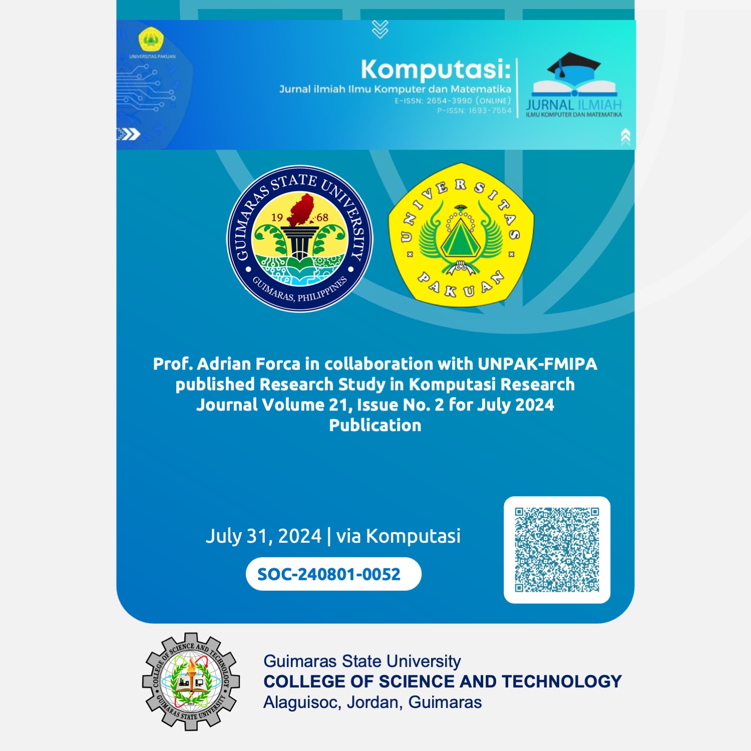 Prof. Adrian Forca in collaboration with UNPAK-FMIPA published Research Study in Komputasi Research Journal Volume 21, Issue No. 2 for July 2024 Publication