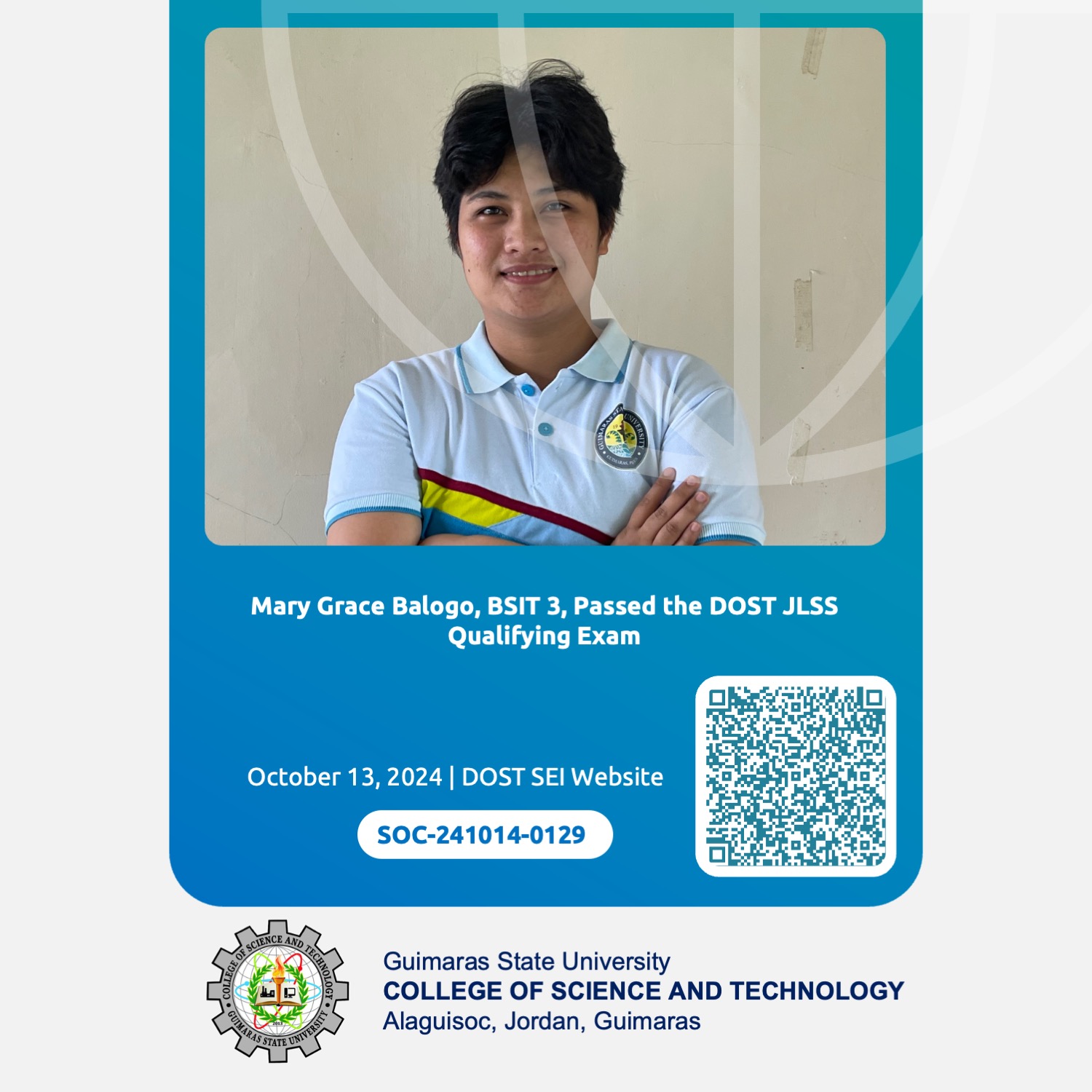 Mary Grace Balogo, BSIT 3, Passed the DOST JLSS Qualifying Exam