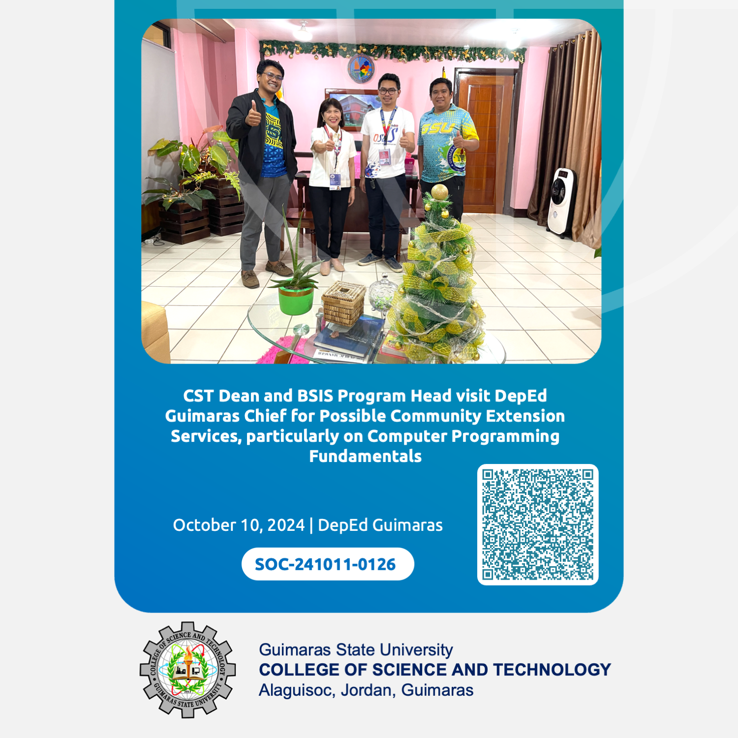 CST Dean and BSIS Program Head visit DepEd Guimaras Chief for Possible Community Extension Services, particularly on Computer Programming Fundamentals