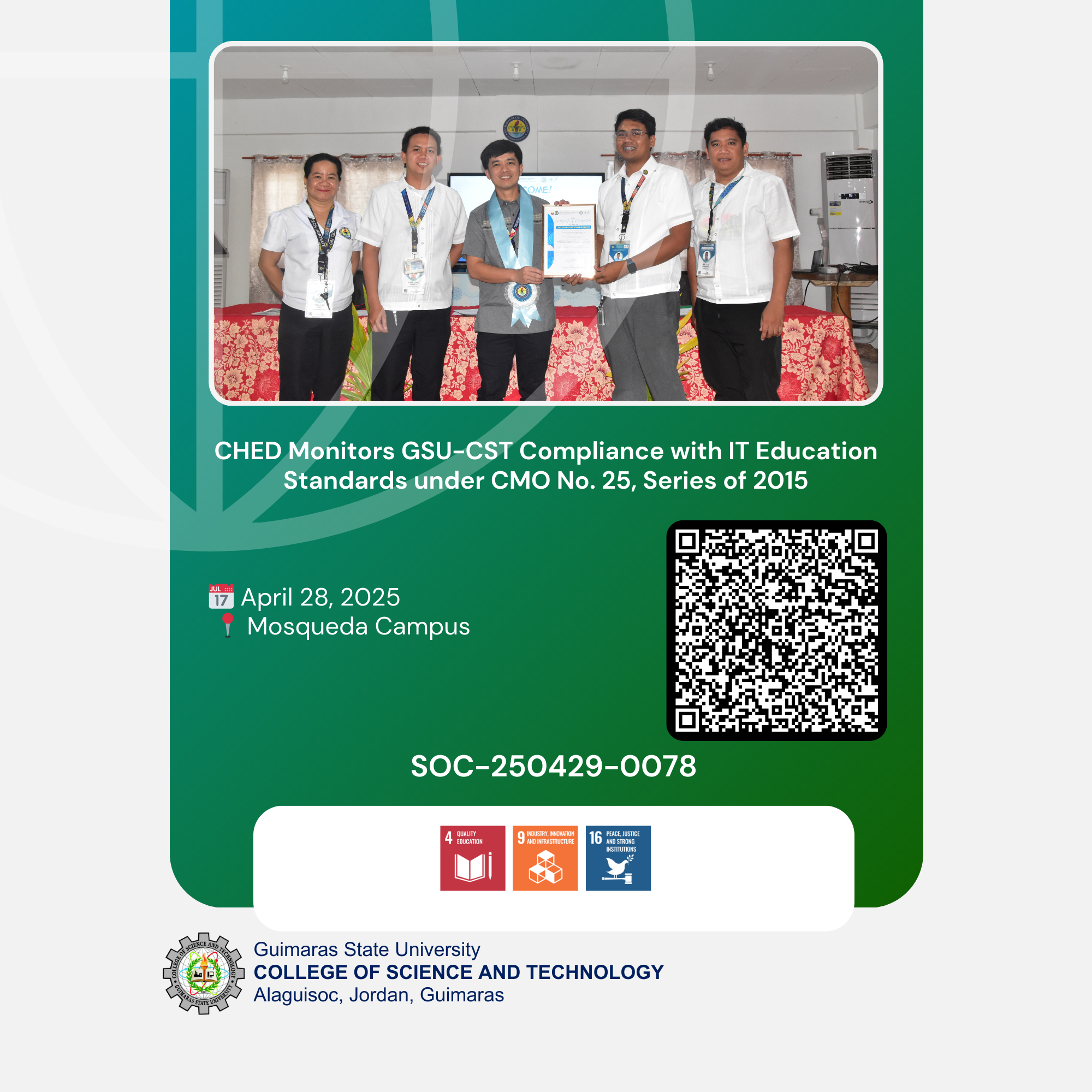 CHED Monitors GSU-CST Compliance with IT Education Standards under CMO No. 25, Series of 2015