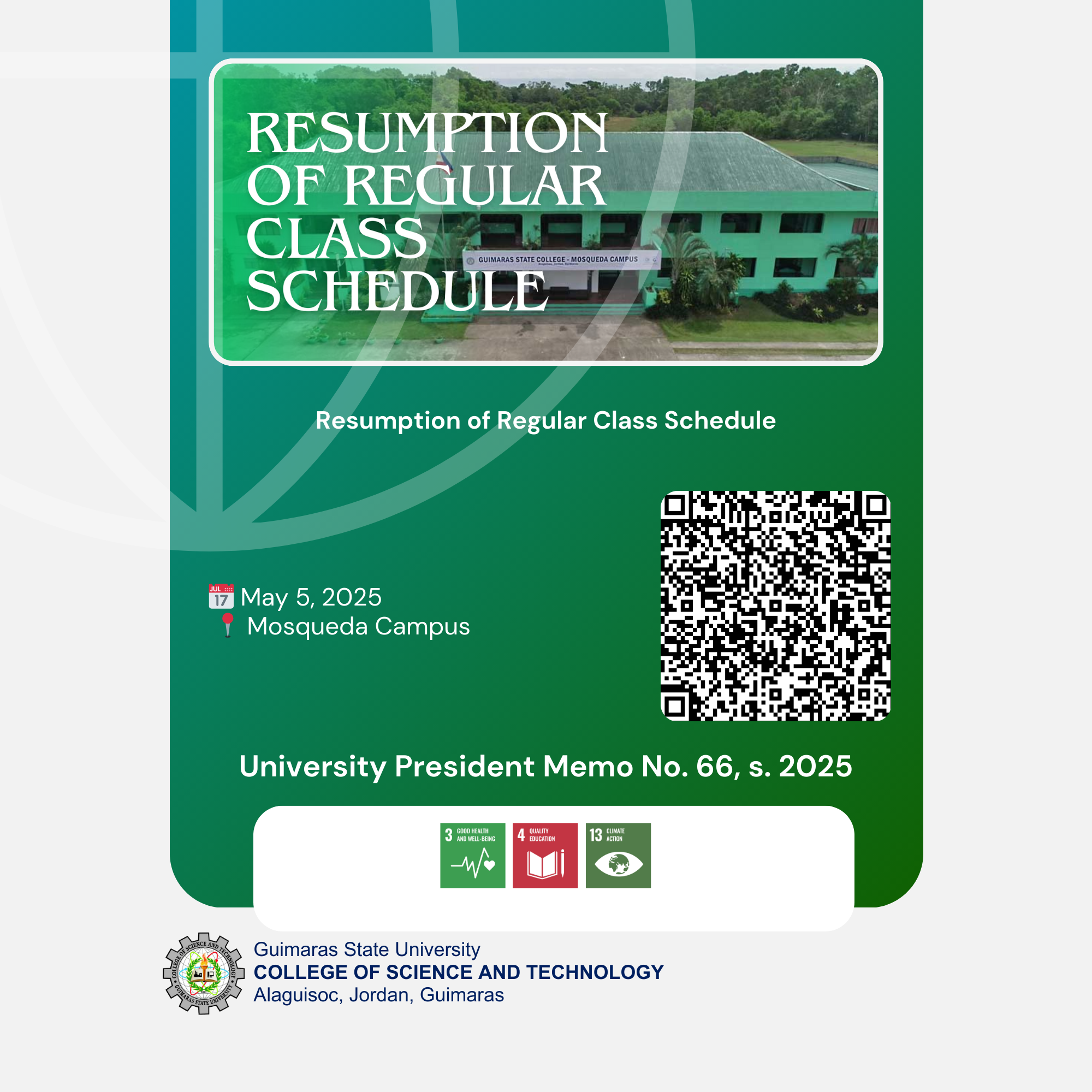 Resumption of Regular Class Schedule