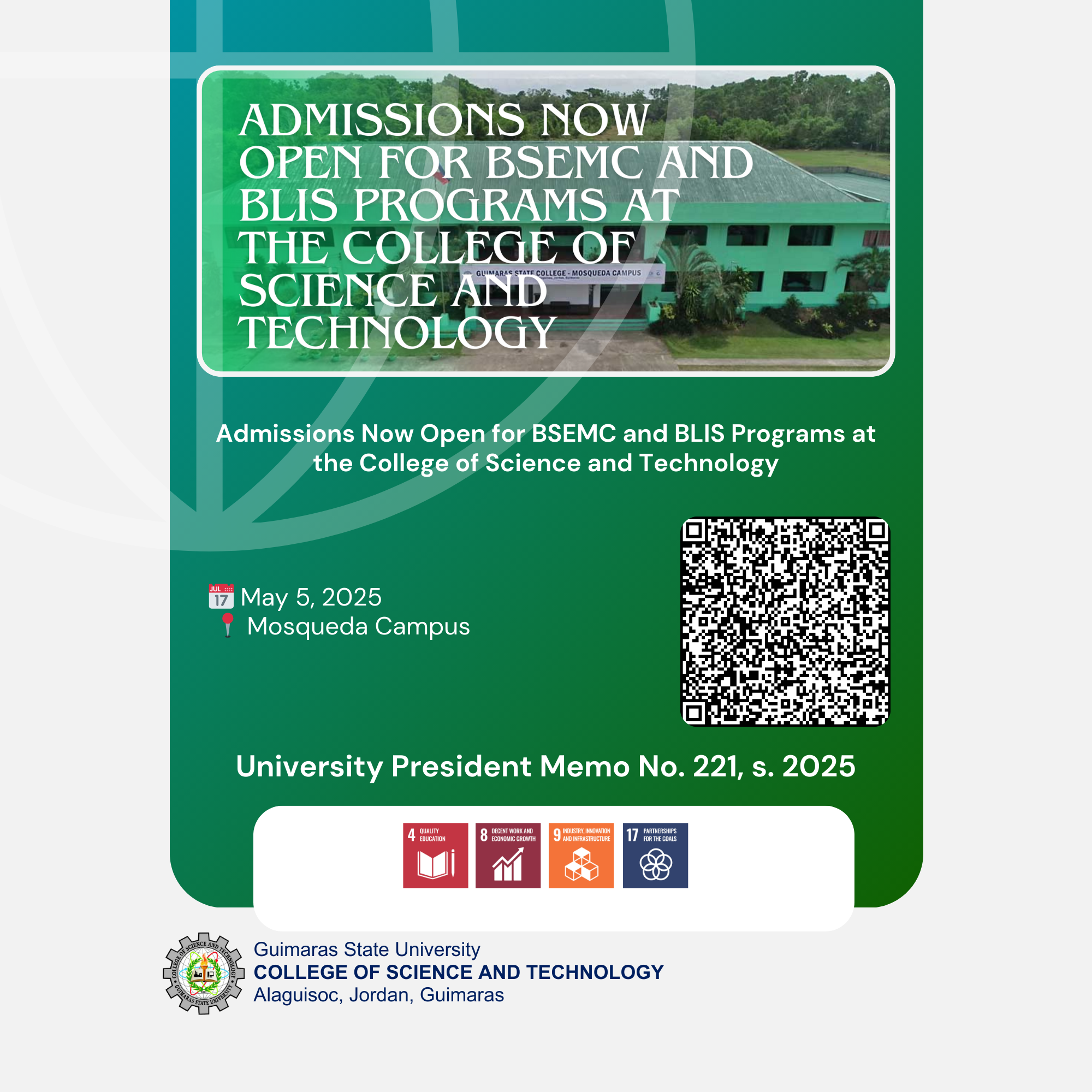 Admissions Now Open for BSEMC and BLIS Programs at the College of Science and Technology – Starting May 5, 2025