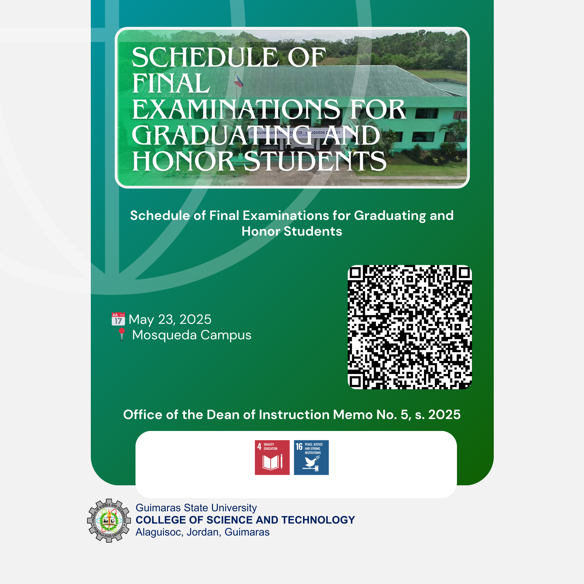 Schedule of Final Examinations for Graduating and Honor Students