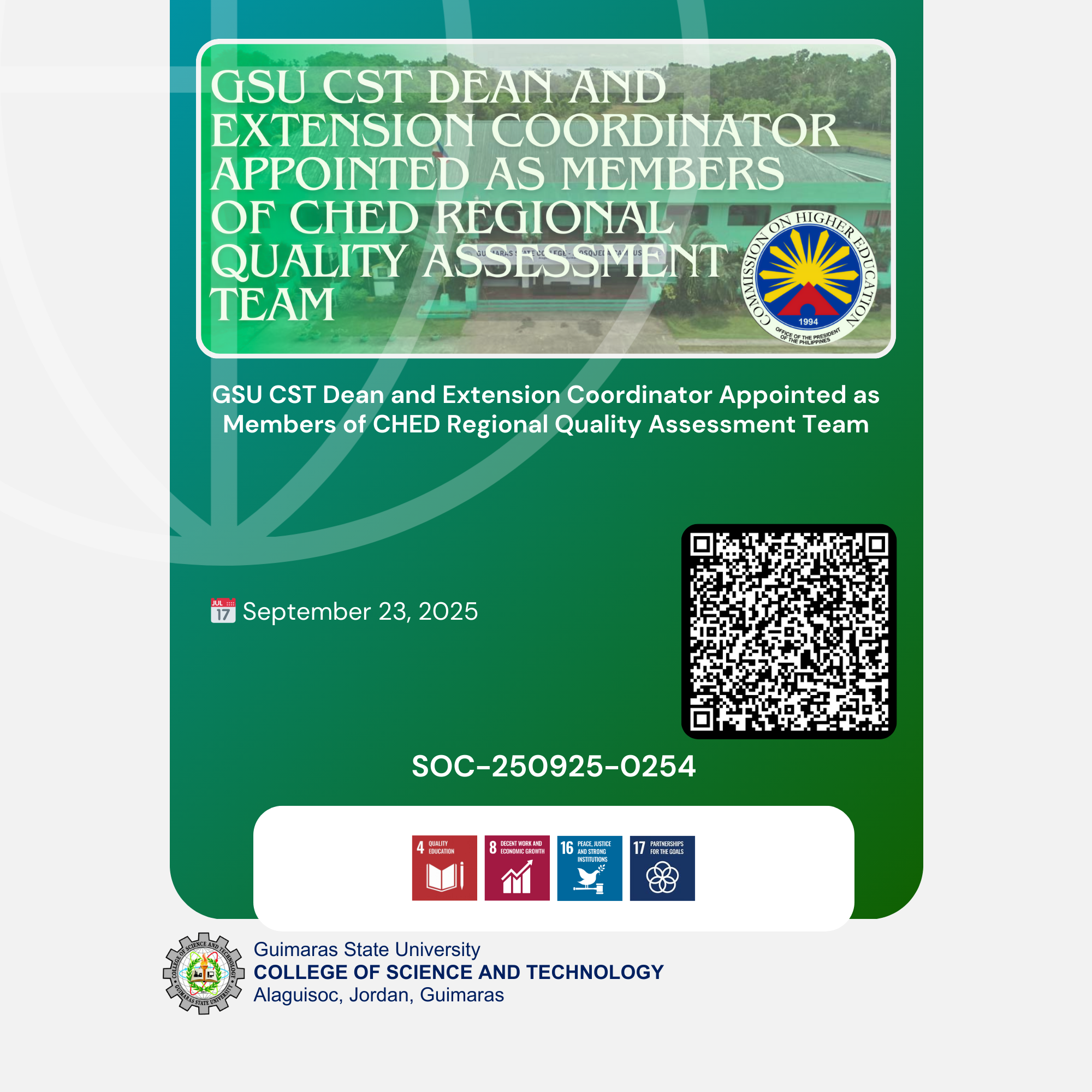 GSU CST Dean and Extension Coordinator Appointed as Members of CHED Regional Quality Assessment Team