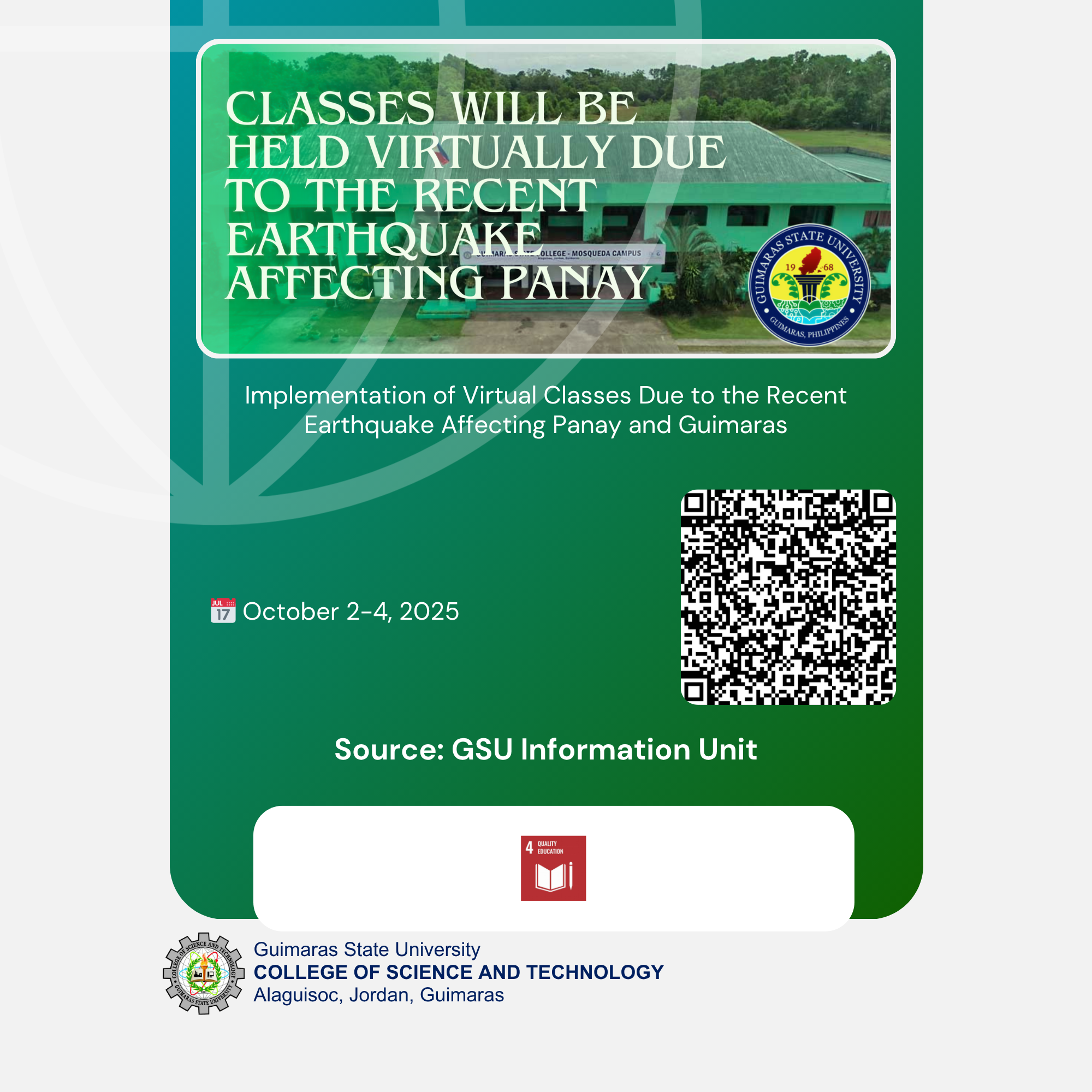 Conduct of Virtual Classes due to Recent Earthquake Affecting Guimaras