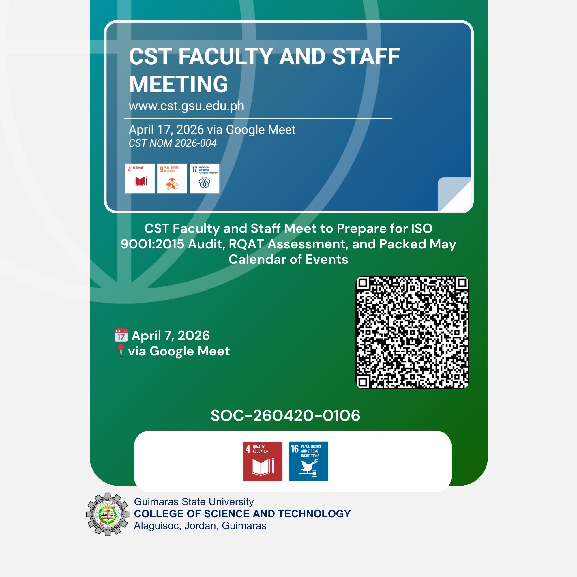 CST Faculty and Staff Meet to Prepare for ISO 9001:2015 Audit, RQAT Assessment, and Packed May Calendar of Events