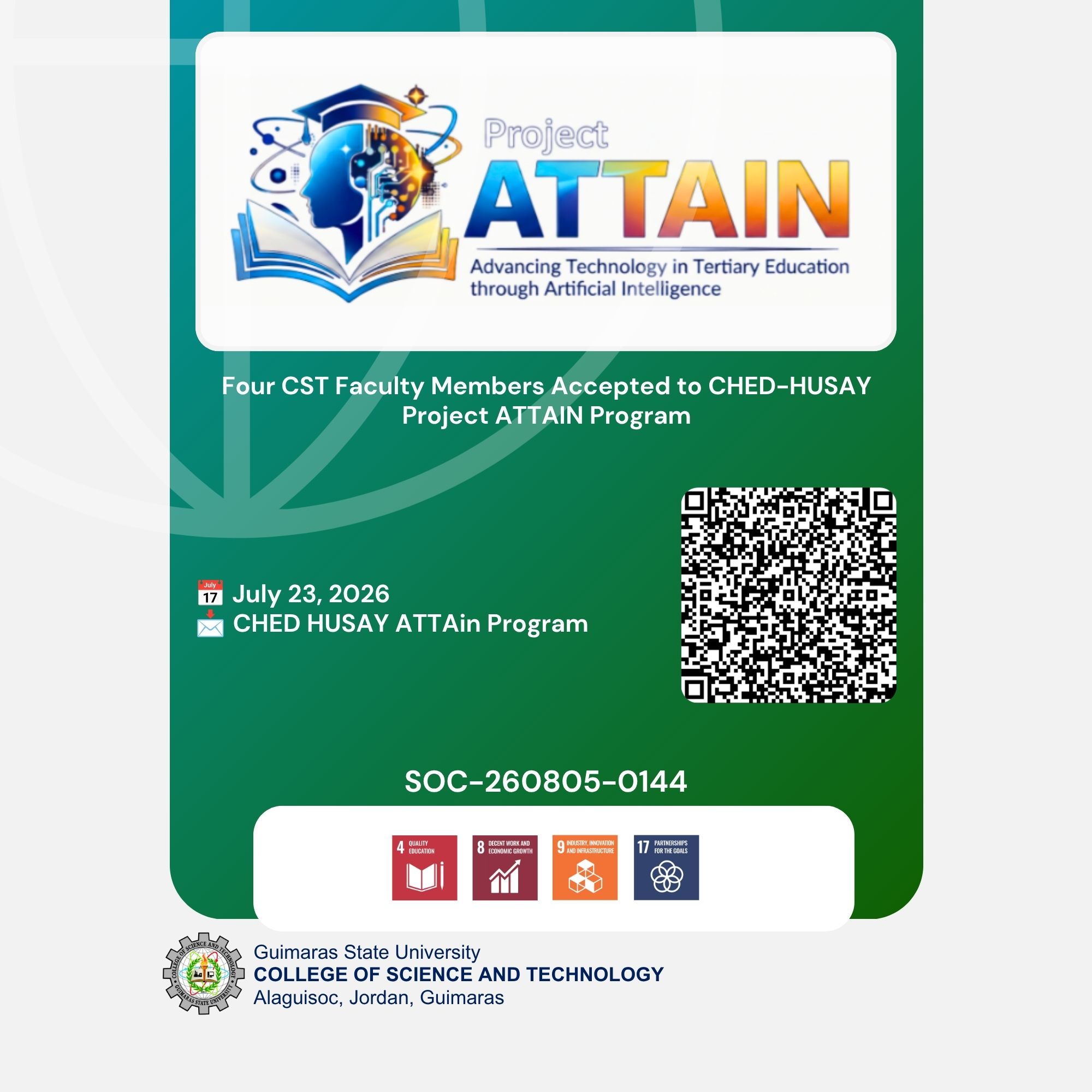 Four CST Faculty Members Accepted to CHED-HUSAY Project ATTAIN Program