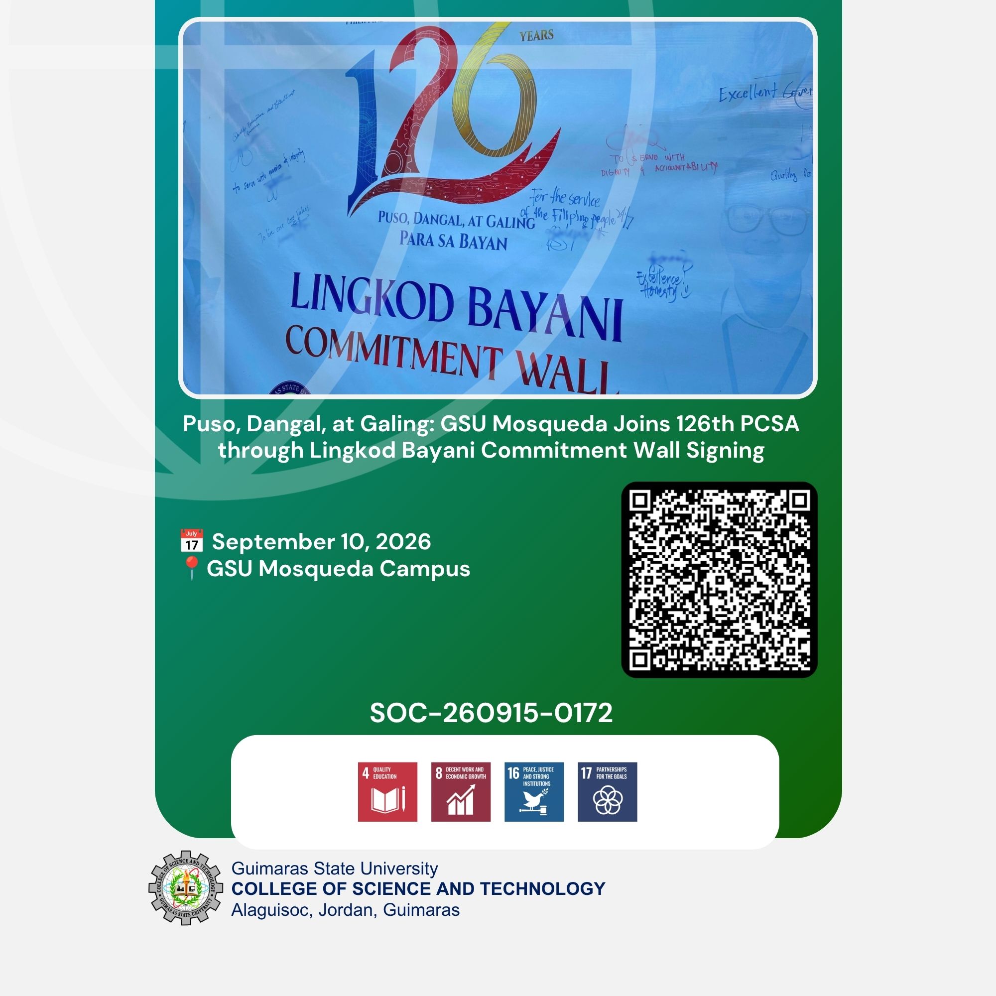 Puso, Dangal, at Galing: GSU Mosqueda Joins 126th PCSA through Lingkod Bayani Commitment Wall Signing
